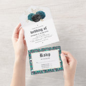 ティール（緑がかった色）と金ゴールドフローラ結婚すべて1つのInv オールインワン招待状 (貼ってはがせる)