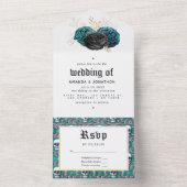 ティール（緑がかった色）と金ゴールドフローラ結婚すべて1つのInv オールインワン招待状 (内側)