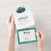 ティール(緑がかった色)と金ゴールドフローラ結婚ゴシック オールインワン招待状 (貼ってはがせる)