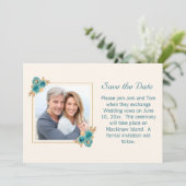 ティール(緑がかった色)と金ゴールドフローラ結婚式RSVP日付の保存 セーブザデート (スタンド正面)