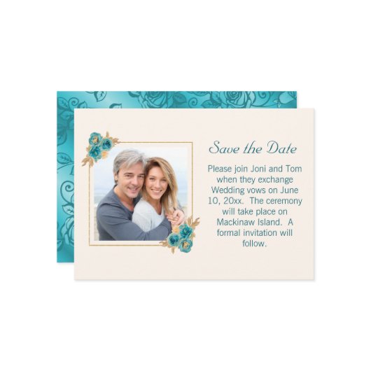 ティール(緑がかった色)と金ゴールドフローラ結婚式RSVP日付の保存 セーブザデート (正面/裏面インサイチュ)