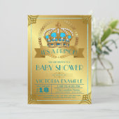 ティール（緑がかった色）と金ゴールドプリンスベビーシャワー招待状 招待状 (スタンド正面)