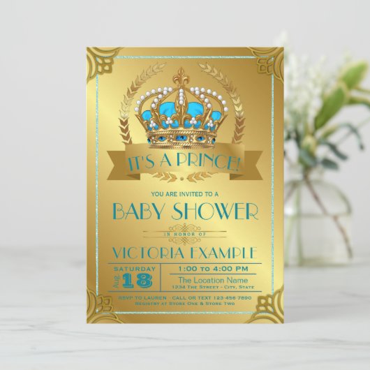 ティール(緑がかった色)と金ゴールドプリンスベビーシャワー招待状 招待状 (スタンド正面)