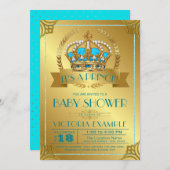 ティール(緑がかった色)と金ゴールドプリンスベビーシャワー招待状 招待状 (正面/裏面)