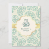 ティール（緑がかった色）と金ゴールドペイズリーイスラム結婚教徒 招待状 (正面)