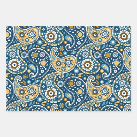 ティール(緑がかった色)と金ゴールドボヘミアペイズリープリントパターン ラッピングペーパーシート (正面3)