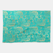 ティール(緑がかった色)と金ゴールドボホエレガント孔型 キッチンタオル (横)