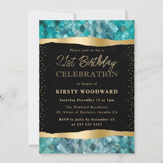 ティール（緑がかった色）と金ゴールドマーメイドはかりで測21歳の誕生日 招待状 (正面)