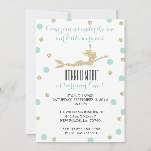 ティール(緑がかった色)と金ゴールドマーメイドバースデーパーティ招待状 招待状 (正面)