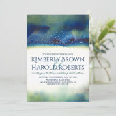 ティール(緑がかった色)と金ゴールドモダンドット水結婚色 招待状 (スタンド正面)