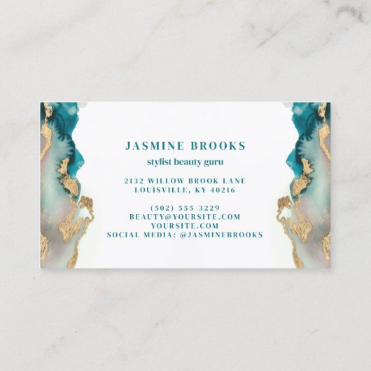 ティール（緑がかった色）と金ゴールドモダン抽象芸術の水色 名刺 (裏面)
