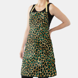 ティール(緑がかった色)と金ゴールドレオパード系デザイン14 エプロン
