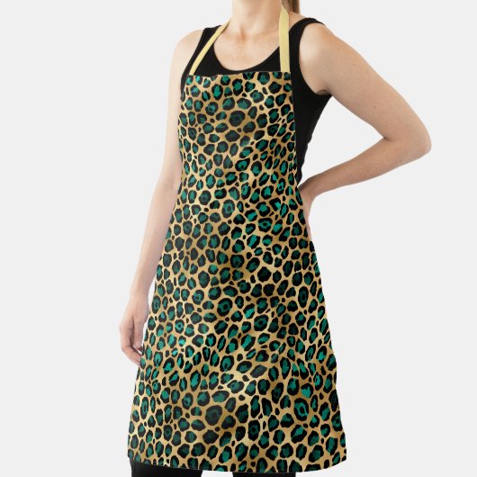 ティール(緑がかった色)と金ゴールドレオパード系デザイン14 エプロン (インサイチュ)
