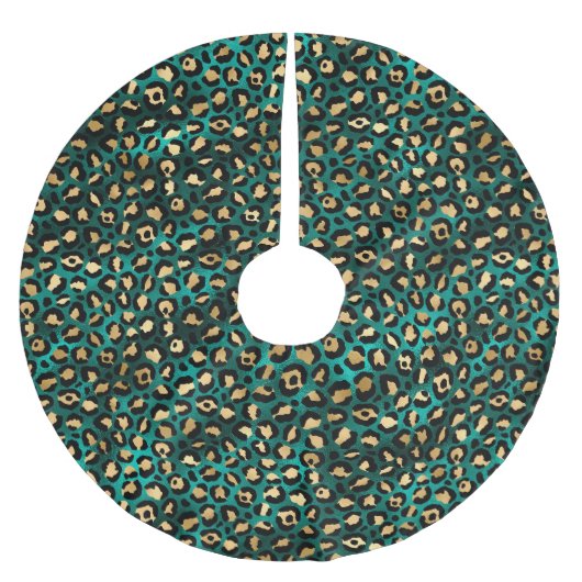 ティール(緑がかった色)と金ゴールドレオパード系デザイン3 ブラッシュドポリエステルツリースカート (正面)