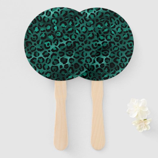 ティール（緑がかった色）と金ゴールドレオパード系デザイン5 ハンドファン (正面&裏面)