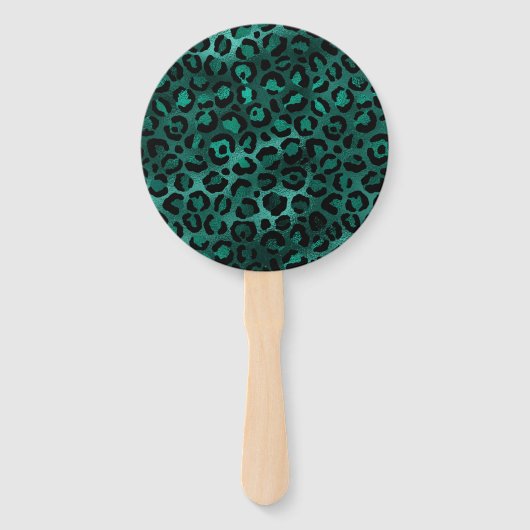 ティール（緑がかった色）と金ゴールドレオパード系デザイン5 ハンドファン (正面)