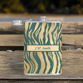 ティール（緑がかった色）と金ゴールドワイルドアニマルプリント（名前） フラスク