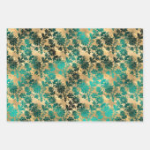 ティール(緑がかった色)と金ゴールドヴィンテージダマスク ラッピングペーパーシート (正面2)