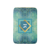 ティール(緑がかった色)と金ゴールド幾何三角形すべてモノグラム バスマット (正面縦)