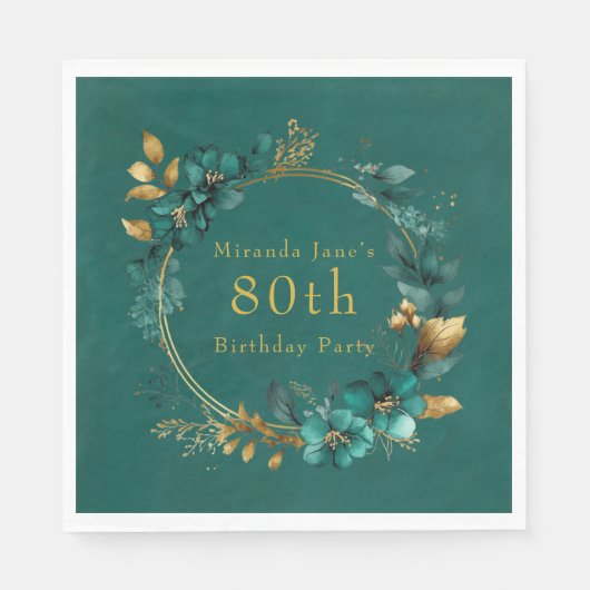 ティール(緑がかった色)と金ゴールド幾何学的フローラ80th誕生日パーティー スタンダードランチョンナプキン (正面)