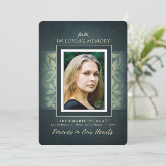 ティール（緑がかった色）と金ゴールド愛メモリアルサービス招待状 招待状 (スタンド正面)