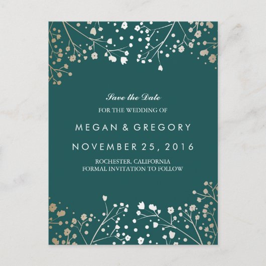 ティール（緑がかった色）と金ゴールド日付の保存 案内ポストカード (正面)