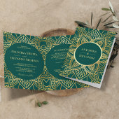 ティール(緑がかった色)と金ゴールド民族曼荼羅インディアン結婚ズ 招待状