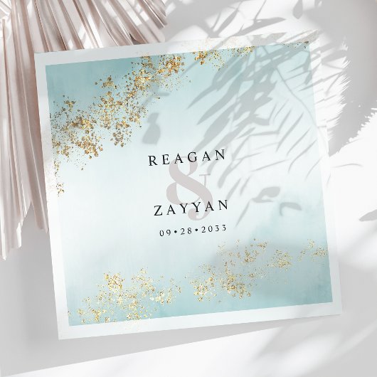 ティール（緑がかった色）と金ゴールド水の色 スタンダードカクテルナプキン