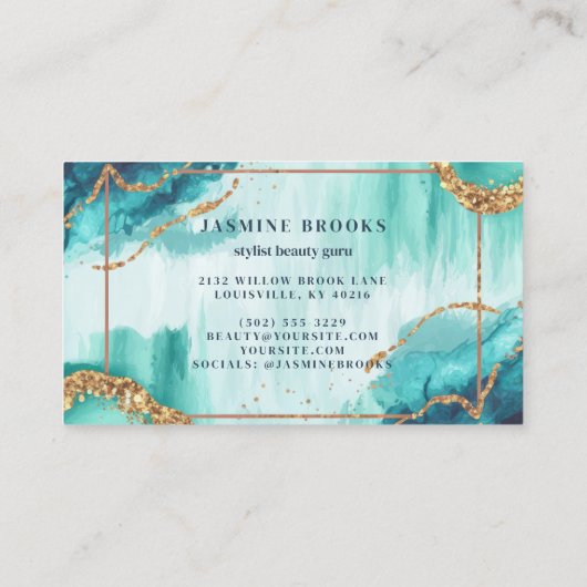 ティール（緑がかった色）と金ゴールド水彩グリッター 名刺 (裏面)