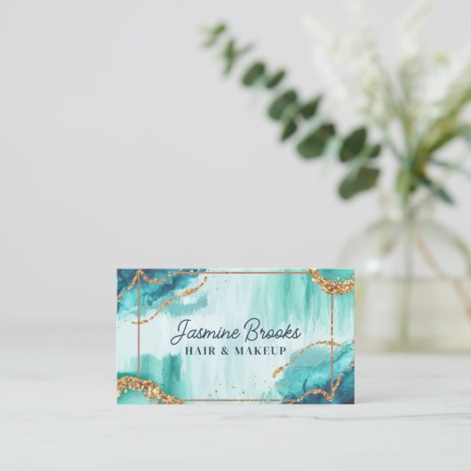 ティール(緑がかった色)と金ゴールド水彩グリッター 名刺 (スタンド正面)
