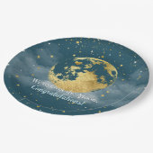 ティール(緑がかった色)と金ゴールド満月おめでとう ペーパープレート (アングル)