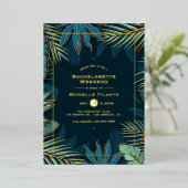 ティール（緑がかった色）と金ゴールド熱帯バチェロレッテ 箔招待状 (立ち正面)
