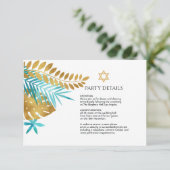 ティール（緑がかった色）と金ゴールド熱帯バルミツワーパーティー詳細 エンクロージャーカード (スタンド正面)