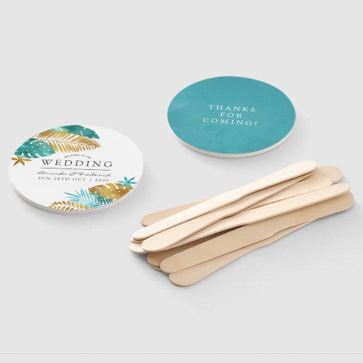 ティール(緑がかった色)と金ゴールド熱帯結婚式の引き出物 ハンドファン (組立なし)