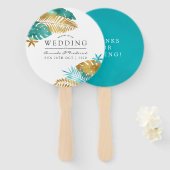 ティール(緑がかった色)と金ゴールド熱帯結婚式の引き出物 ハンドファン (正面&裏面)