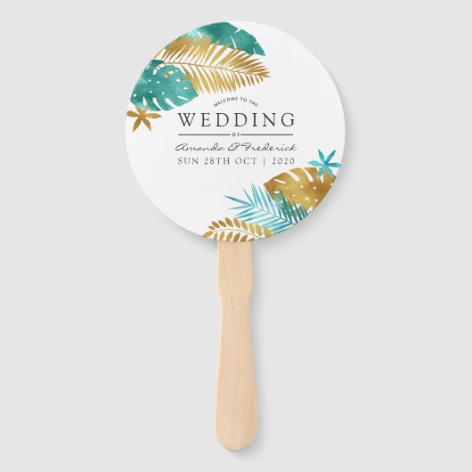 ティール（緑がかった色）と金ゴールド熱帯結婚式の引き出物 ハンドファン (正面)