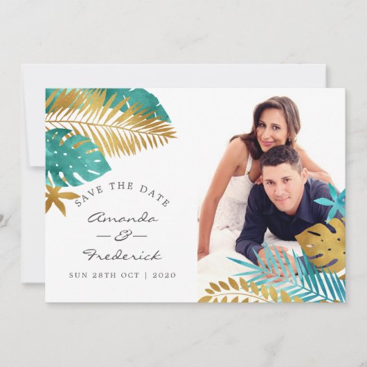 ティール（緑がかった色）と金ゴールド熱帯結婚式の日付を保存 招待状 (正面)
