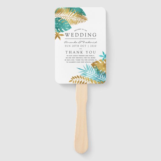 ティール（緑がかった色）と金ゴールド熱帯結婚式 プログラム ハンドファン (正面)