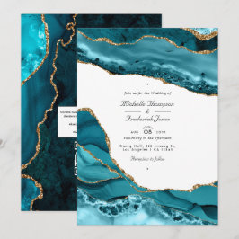 ティール（緑がかった色）と金ゴールド瑪瑙ストーンQRコードRSVP 結婚's 招待状