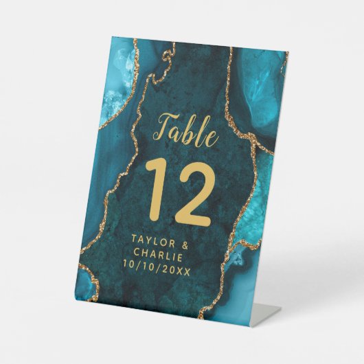 ティール（緑がかった色）と金ゴールド結婚のテーブル番号 台座サイン (正面)