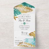 ティール(緑がかった色)と金ゴールド結婚のトロピカルズ オールインワン招待状 (内側)