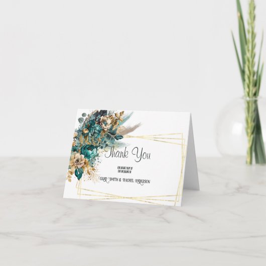 ティール（緑がかった色）と金ゴールド結婚の サンキューカード (正面)