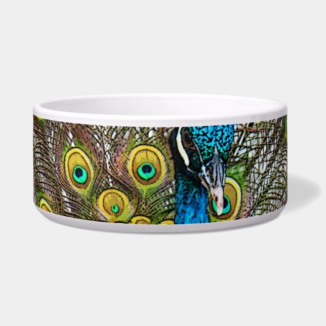 ティール（緑がかった色）と金ゴールド羽毛のリーガルピーコックバード ボウル (正面)