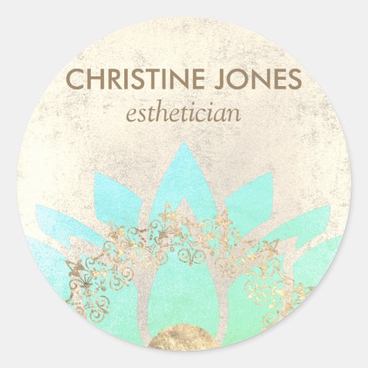 ティール（緑がかった色）と金ゴールド蓮の花・ ラウンドシール (正面)