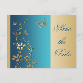 ティール（緑がかった色）と金ゴールド蝶の日付はがきを保存 案内ポストカード