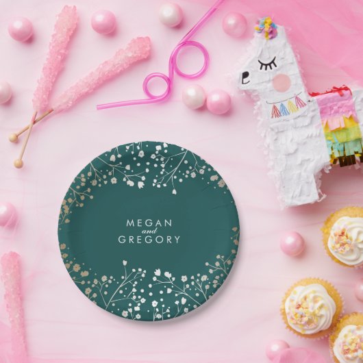 ティール（緑がかった色）と金ゴールド赤ちゃんの息結婚の ペーパープレート (パーティー)