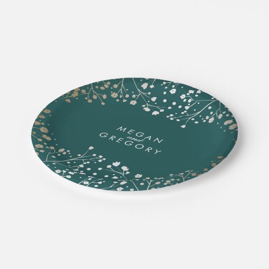 ティール（緑がかった色）と金ゴールド赤ちゃんの息結婚の ペーパープレート (アングル)