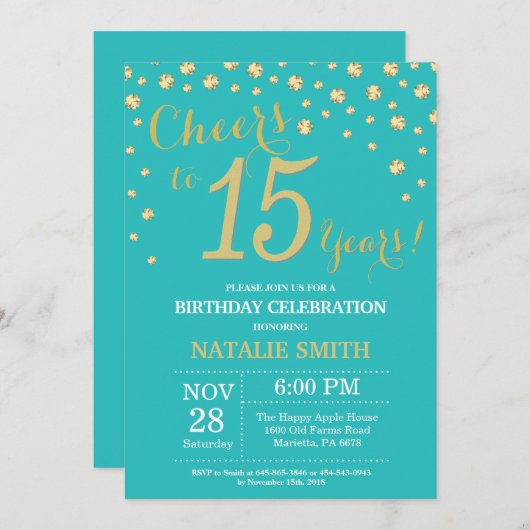 ティール(緑がかった色)と金ゴールド15誕生日ダイヤモンド 招待状 (正面/裏面)