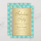 ティール(緑がかった色)と金ゴールド50バースデーパーティ招待状 招待状 (正面/裏面)