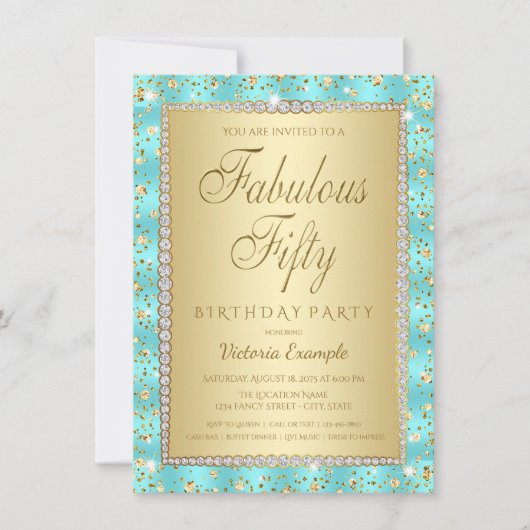 ティール(緑がかった色)と金ゴールド50バースデーパーティ招待状 招待状 (正面)